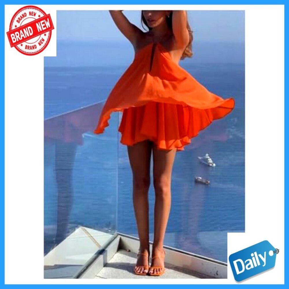 Women's Mini Halter Dress Backless Tie Knot Ruffle Hem Summer Beach Chic - Picture 4 of 5